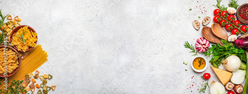 Bild auf Leinwand Banner raw uncooked ingredients for cooking pasta