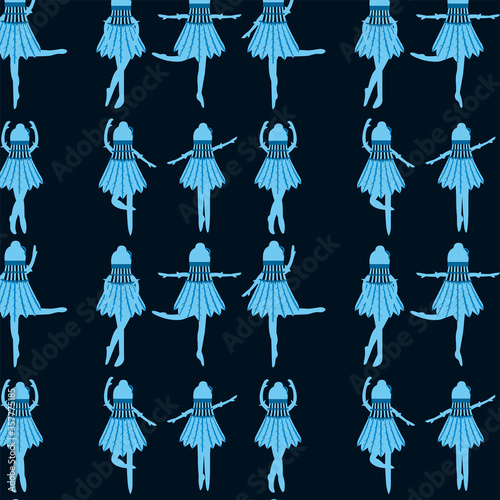 Seamless pattern blue ballerinas in a shuttlecock dress dancing in different poses on a dark blue background cartoon vector