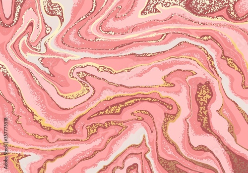 Pink and blusg Ink, marble, watercolor imitation. Vector abstarct spot, shape. Creative background for card, invitation, logo, branding. Frame for text. Golden glitter, foil shiny effect.