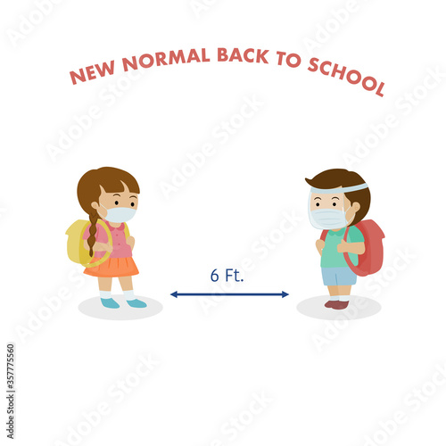 New normal at school after coronavirus students wearing mask and wearing face shield and stay keep social distancing for safe from coronavirus. Vector illustration.