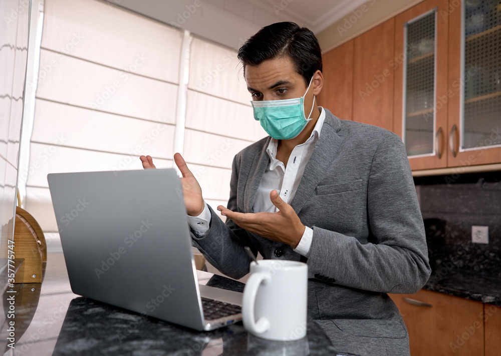 boy telecommuting with mask, laptop and well dressed boy telecommuting with mask, laptop and well dressed