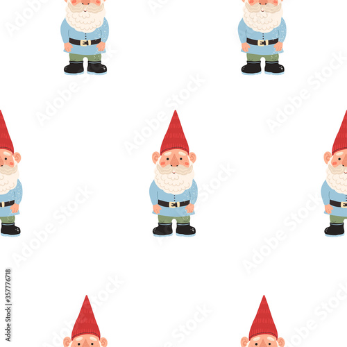 Vector modern seamless pattern with colorful illustrations of garden gnome. Use it for wallpaper, textile print, pattern fills, web page, surface textures, wrapping paper, design of presentation