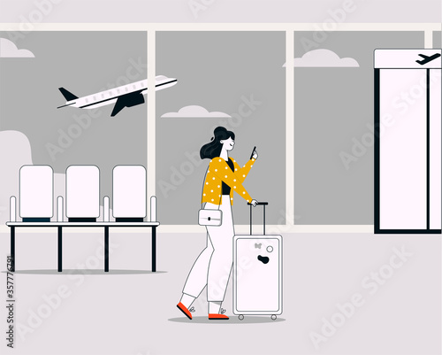 Vector linear illustration of woman with luggage walking in airport