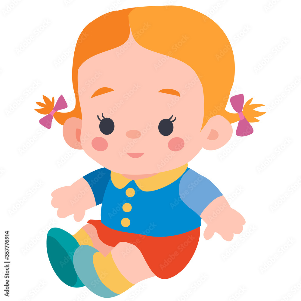 cute doll with pigtails sitting on the floor, flat, isolated object on a white background, vector illustration, cute doll with pigtails sitting on the floor, flat, isolated object on a white background, vector illustration,
