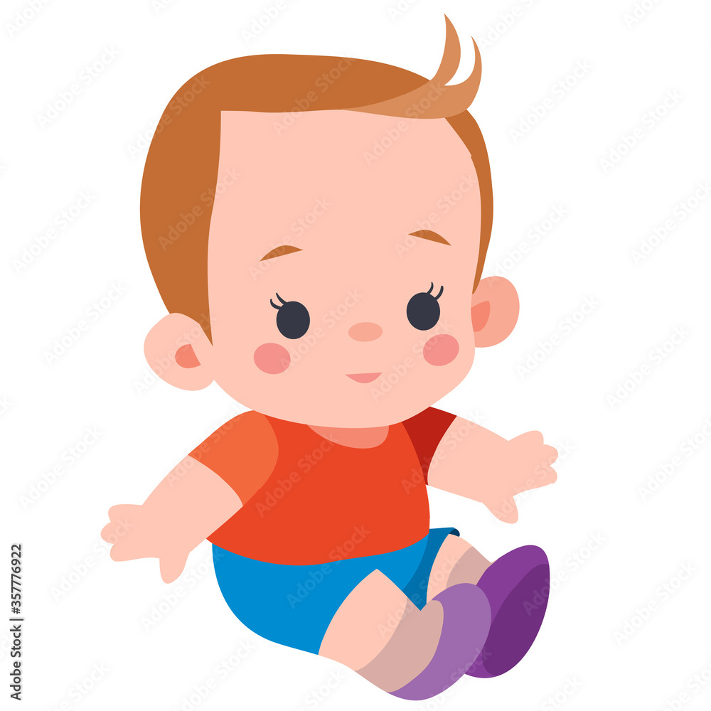 cute doll boy sitting on the floor, flat, isolated object on a white background, vector illustration,