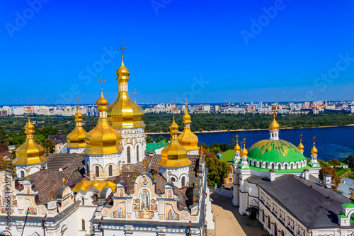 View of Kiev Pechersk Lavra (Kiev Monastery of the Caves) and the Dnieper river in Ukraine. View from Great Lavra Bell Tower
