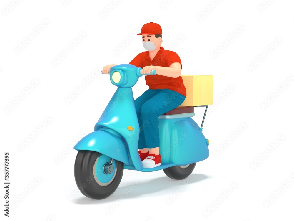 Cartoon 3d delivery man in protection mask, gloves Cartoon 3d delivery man in protection mask, gloves