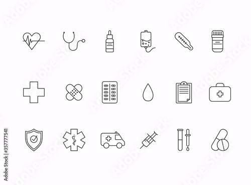 Health, bold line icons. Medicine, health care, pharmaceutics, hospital, line icons