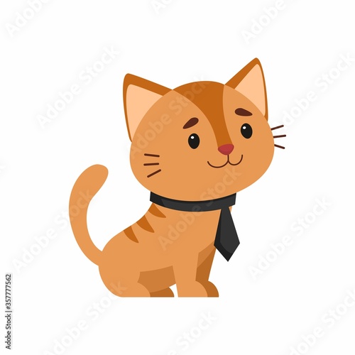 Cat in elegant tie flat vector illustration. Cute kitten in old fashioned costume cartoon character. Funny cat sitting isolated on white background. Domestic animal