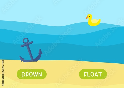 Educational english memo card with antonyms cartoon vector template. Kids flashcards for foreign language learning. Opposites, drown, float words. Cartoon anchor underwater and duck illustration