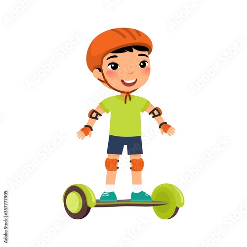 Little sportsman with gyroscooter flat vector illustration. Cute kid riding self balancing board cartoon character. Little asian boy with modern electric transport. Recreation and leisure concept