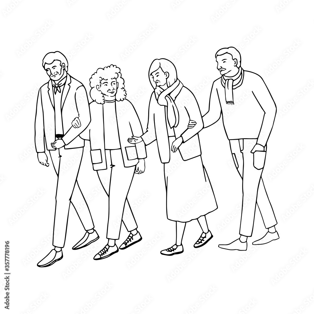 Vector outline illustration of old people walking isolated on white background Vector outline illustration of old people walking isolated on white background