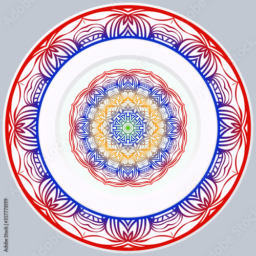 decorative plates for interior design. Empty dish, porcelain plate mock up design. Vector illustration. Decorative plates with Mandala ornament patterns. Home decor background