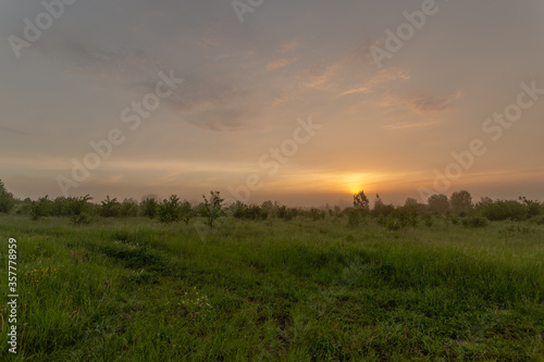 Misty morning light in the scenic countryside in early summer. Beautiful panorama.