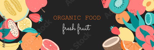 Organic food banner, hand drawn fresh, tropical fruits in a flat style. Vector illustration, isolated elements on black background