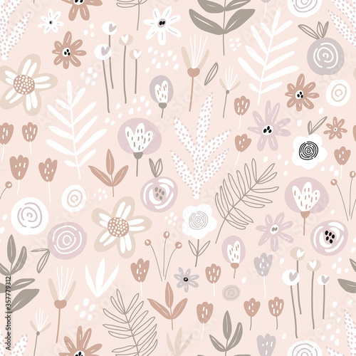 Seamless pattern with decorative flowers in pastel colors. Perfect for fabric, textile, nursery wallpaper. Vector Illustration. Pink background.