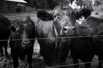 Grayscale shot of a herd standing side by side