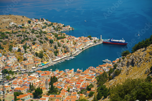 Panoramic view of the picturesque village on the Greek island of Symi, Dodecanese, Greece