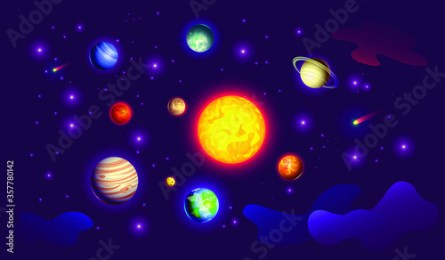 Outer space, solar system with planets in the starry sky. Design for banner, poster. Stock vector illustration.