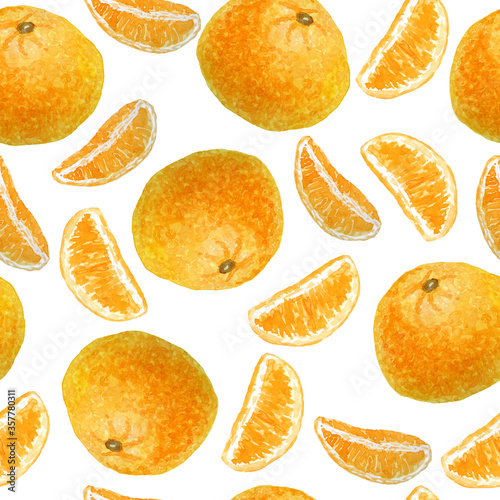 Watercolor hand drawn seamless pattern illustration of bright orange tangerine mandarine citrus fruits pieces with vibrant green leaves. For food organic vegetarian labels, packaging. Natural design