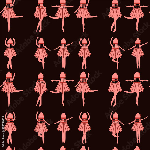 Seamless pattern red ballerinas in a shuttlecock dress dancing in different poses on a dark red background cartoon vector