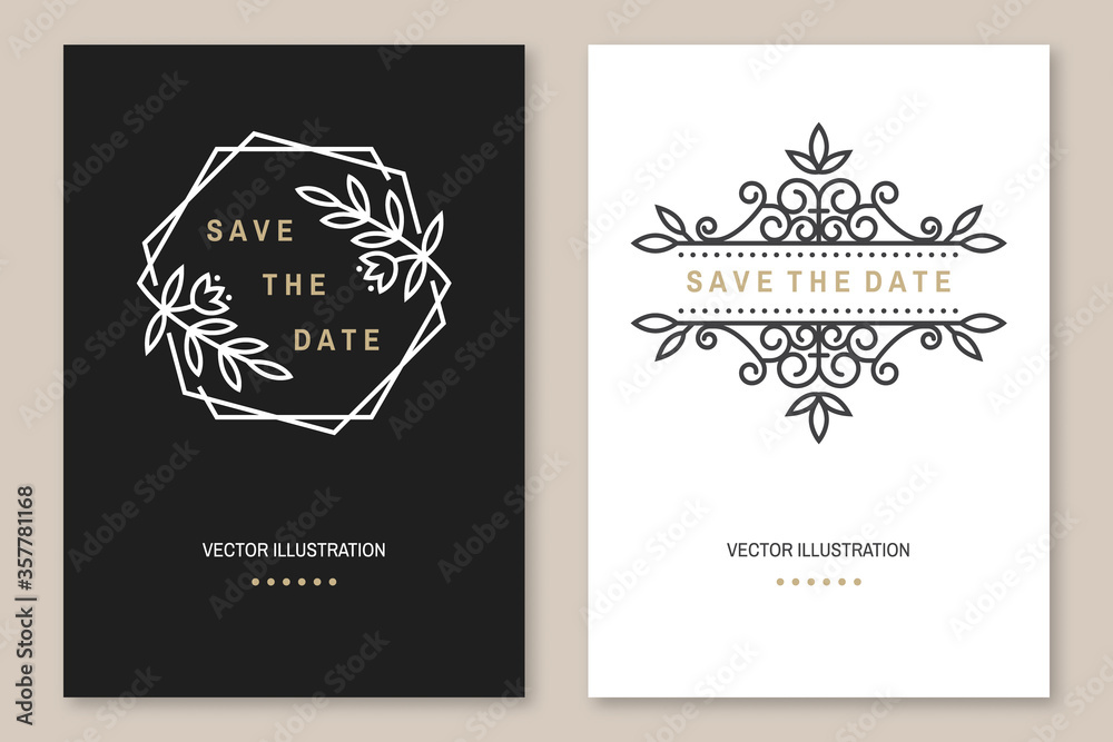 Wedding invitation card template. Vector Thin line geometric badge. Outline icon for save the date invitation card design. Modern minimalist design with wedding frame