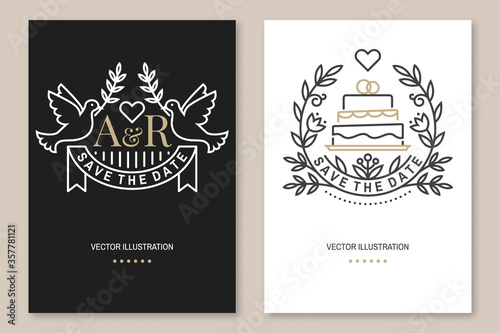 Wedding invitation card template. Vector. Thin line geometric badge. Outline icon for save the date invitation card design. Modern minimalist design with wedding bird and leaf decor