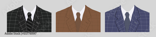 Vector set of jackets with ties for men in different colors with a stitch on a gray background. Stock illustration, template for greeting card and design of a clothing store. Business flat style.