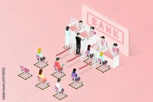 New normal isometric, Signs social distancing queues of people line at the bank counter, people wear face shield and face mask, Installing Plexiglas guards or sneeze guards to combat COVID-19.