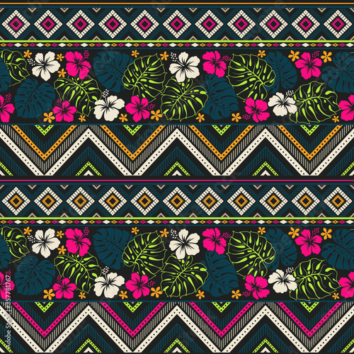 retro color tribal vector seamless pattern with hibiscus flowers and palm leaves. abstract geometric art print. ethnic vector background. Cloth design, fabric, cotton, textile template, tissue
