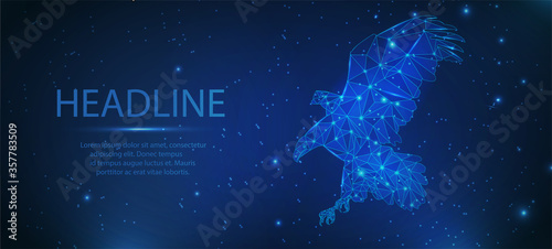 Eagle made of lines and rectangles, polygonal style on a blue background. Low poly starry sky digital 3d modern image or background. Abstract polygonal frame with stars.