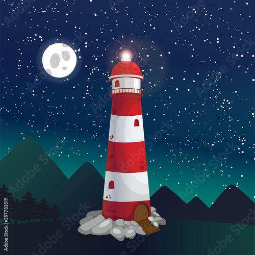 lighthouse vector illustration, night sky background, eps 10 vector