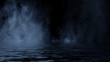 Mystic blue fog on coastal. Paranormal smoke on black background. Stock illustration. Reflection on water.