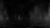 Mystic fog on coastal. Paranormal smoke on black background. Stock illustration. Reflection on water.