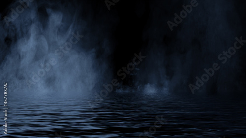Mystic blue fog on coastal. Paranormal smoke on black background. Stock illustration. Reflection on water.