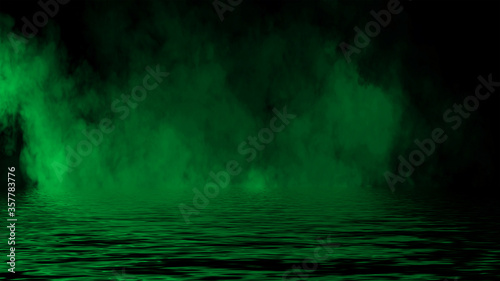 Mystic green fog on coastal. Paranormal smoke on black background. Stock illustration. Reflection on water.