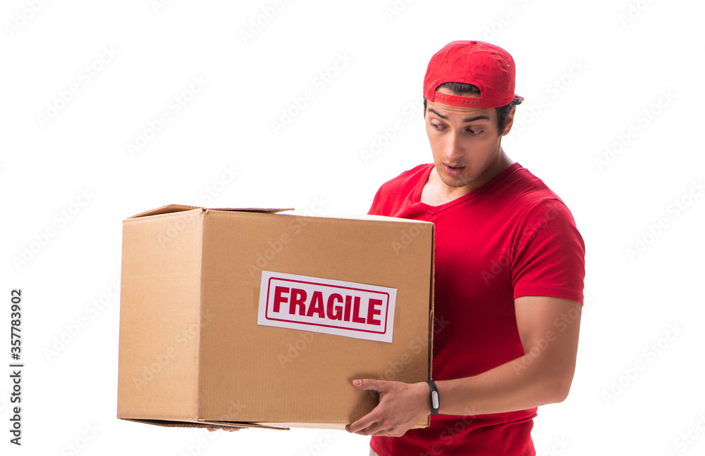 Handsome contractor holding fragile box isolated on white Handsome contractor holding fragile box isolated on white