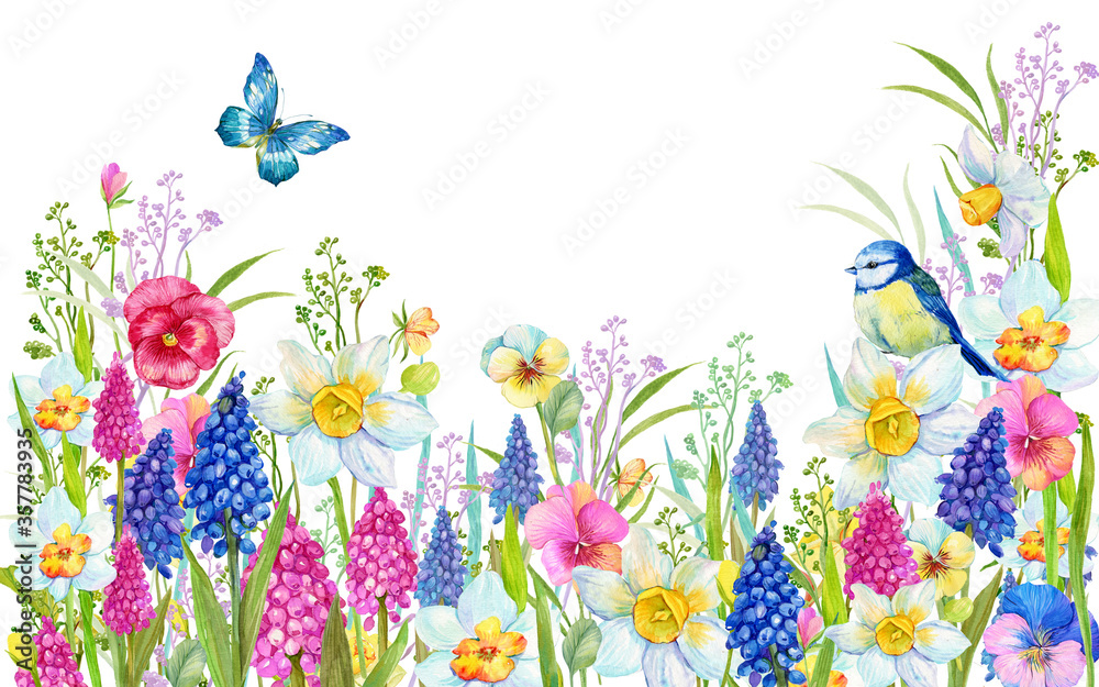 Naklejka premium beautiful flower background with bird blue and field flowers