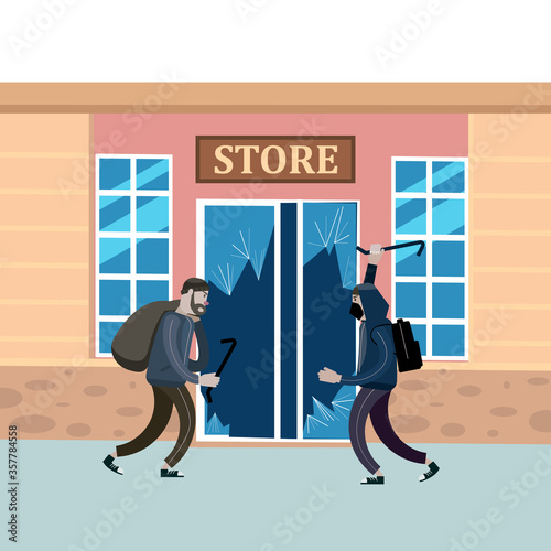 Fototapeta Looters with crowbar and bag make a store robbery, broken door