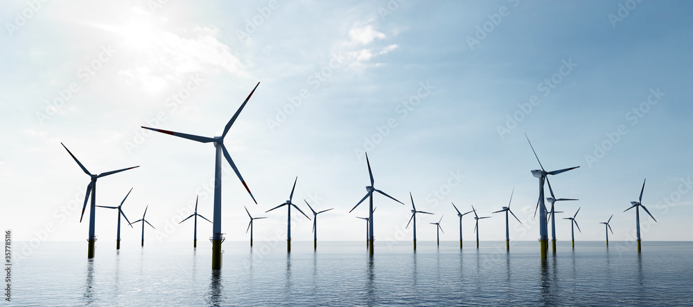Fototapeta premium Offshore wind turbines farm on the ocean. Sustainable energy