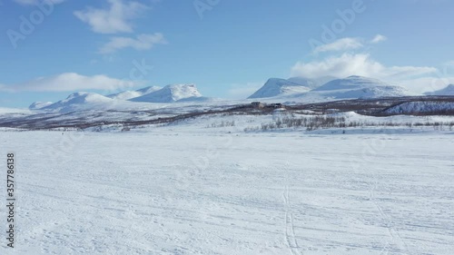 Flying towards Lapporten. The Lapponian Gate. Swedish Lapland.