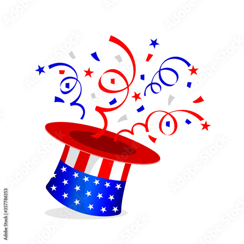 Red and blue paper shoot นut of the hat. Celebrating fourth of july independence day, United States.  illustration.