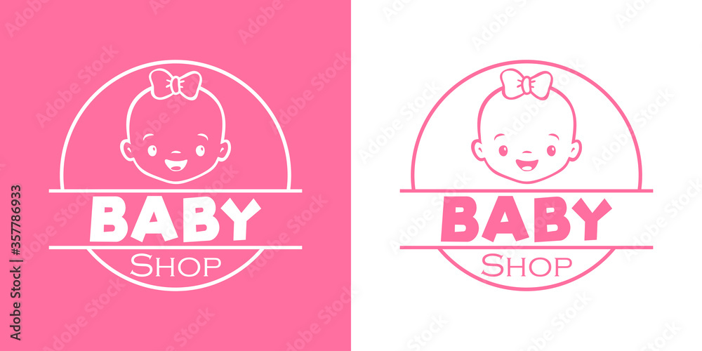 Concepto tienda de moda infantil. Logotipo lineal con texto Baby Shop en círculo con cara de bebé chica sonriendo en fondo rosa y fondo blanco