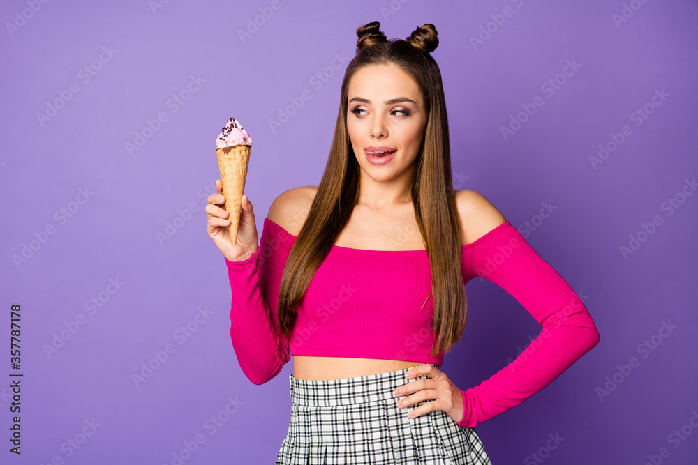 Photo of pretty lady amazing look cute pretty funny buns look vanilla ice cream cone lick lips wear pink off-shoulders cropped top skirt isolated pastel purple color background Photo of pretty lady amazing look cute pretty funny buns look vanilla ice cream cone lick lips wear pink off-shoulders cropped top skirt isolated pastel purple color background