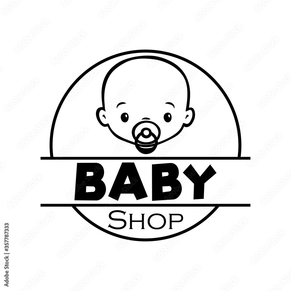 Concepto tienda de moda infantil. Logotipo lineal con texto Baby Shop en  círculo con cara de bebé chico con chupete en color negro –  Stock-Vektorgrafik | Adobe Stock
