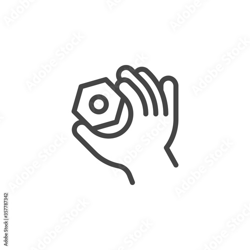 Thin Outline Icon Hand and Nut. Such Line sign as Fine Motor Skills, Preschool Learning, Educational Games. Vector Computer Custom Isolated Pictograms EPS, for Web on White Background Editable Stroke.