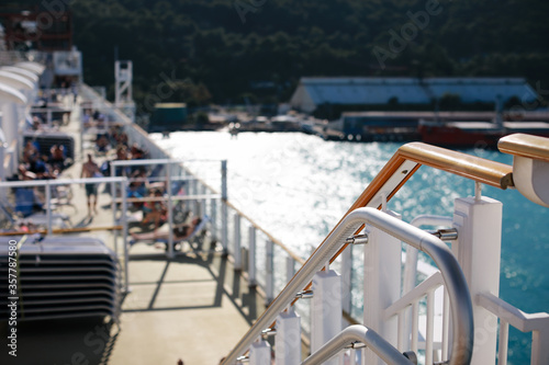 View of passengers on deck cruise chip Norwegian Getaway embark in port Jamaica.