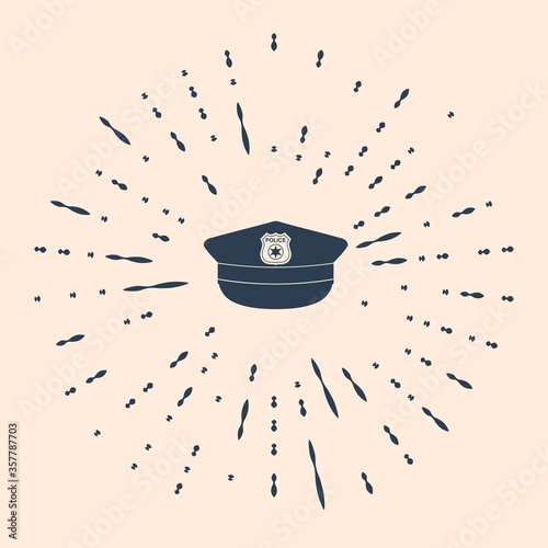 Black Police cap with cockade icon isolated on beige background. Police hat sign. Abstract circle random dots. Vector Illustration