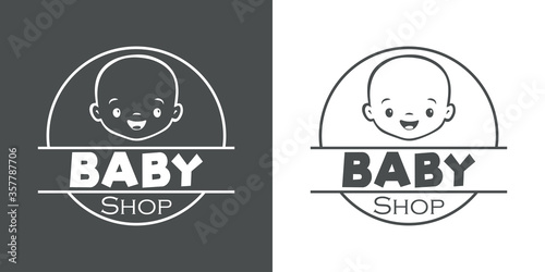 Concepto tienda de moda infantil. Logotipo lineal con texto Baby Shop en círculo con cara de bebé chico sonriendo en fondo gris y fondo blanco