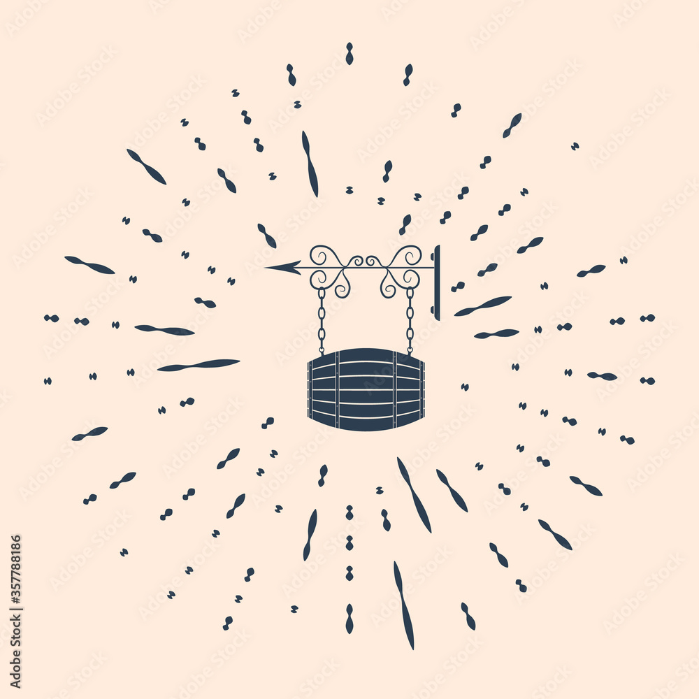 Obraz premium Black Street signboard hanging on forged brackets with barrel shaped wooden icon isolated on beige background. Suitable for bar, cafe, pub, restaurant. Abstract circle random dots. Vector Illustration